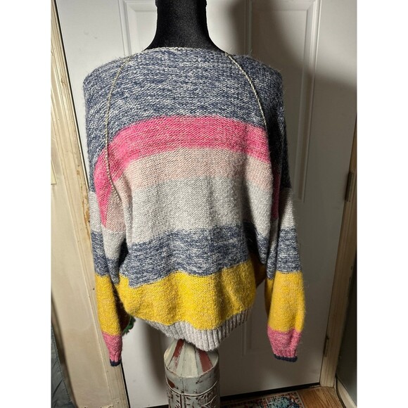 Anthropologie Theia Striped Metallic V-Neck Wool Alpaca Blend Sweater - Picture 3 of 6